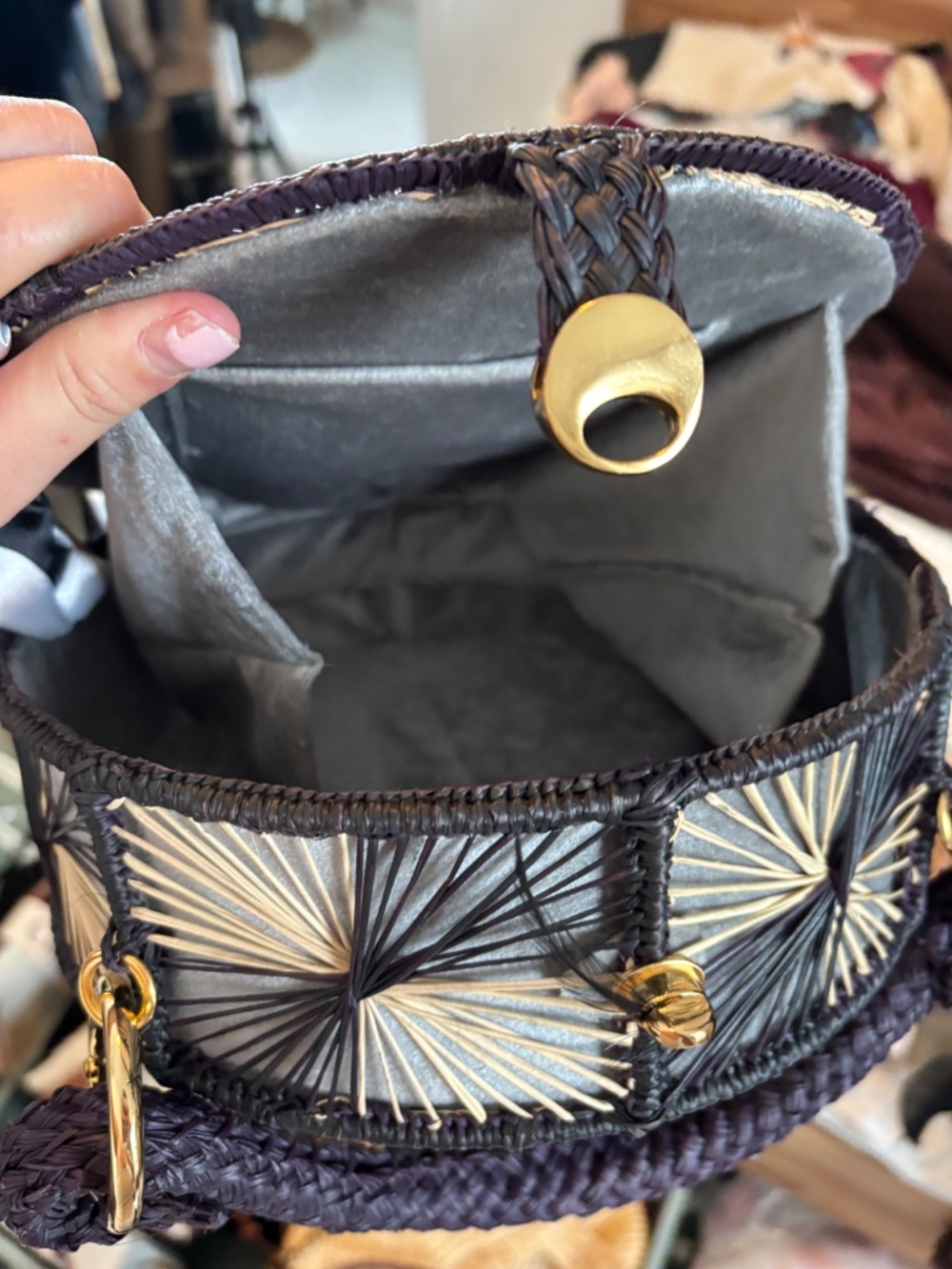 Woven Round Straw Top-Handle Bag - Black & Natural - Picture 5 of 7